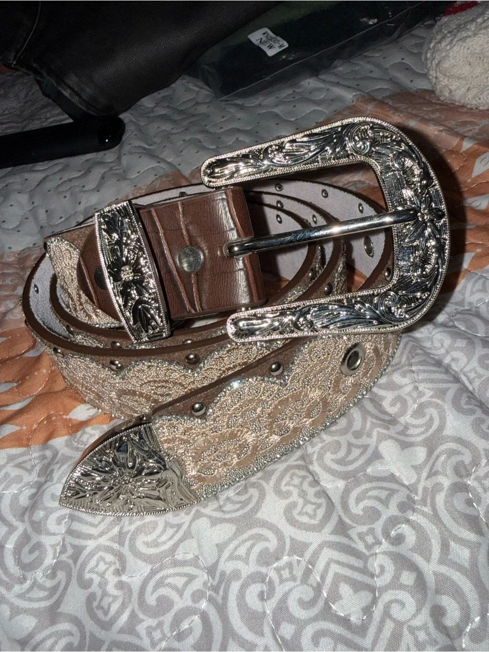 Women's Embellished Brown Western Belt with Silver Buckle